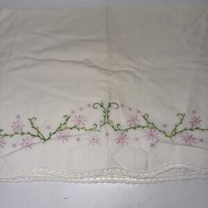 Vintage white pillowcase w/ pink floral embroidery & hand-crocheted lace edge